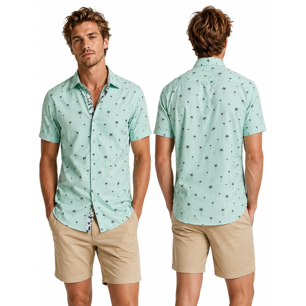 Denim & Flower Button Down Shirt Mens XL Mint Green Good‎ Palm Tree Print S/S